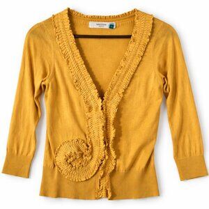 Sparrow Button Front Cardigan Sweater Ruffle Yellow Cotton Knit XS
